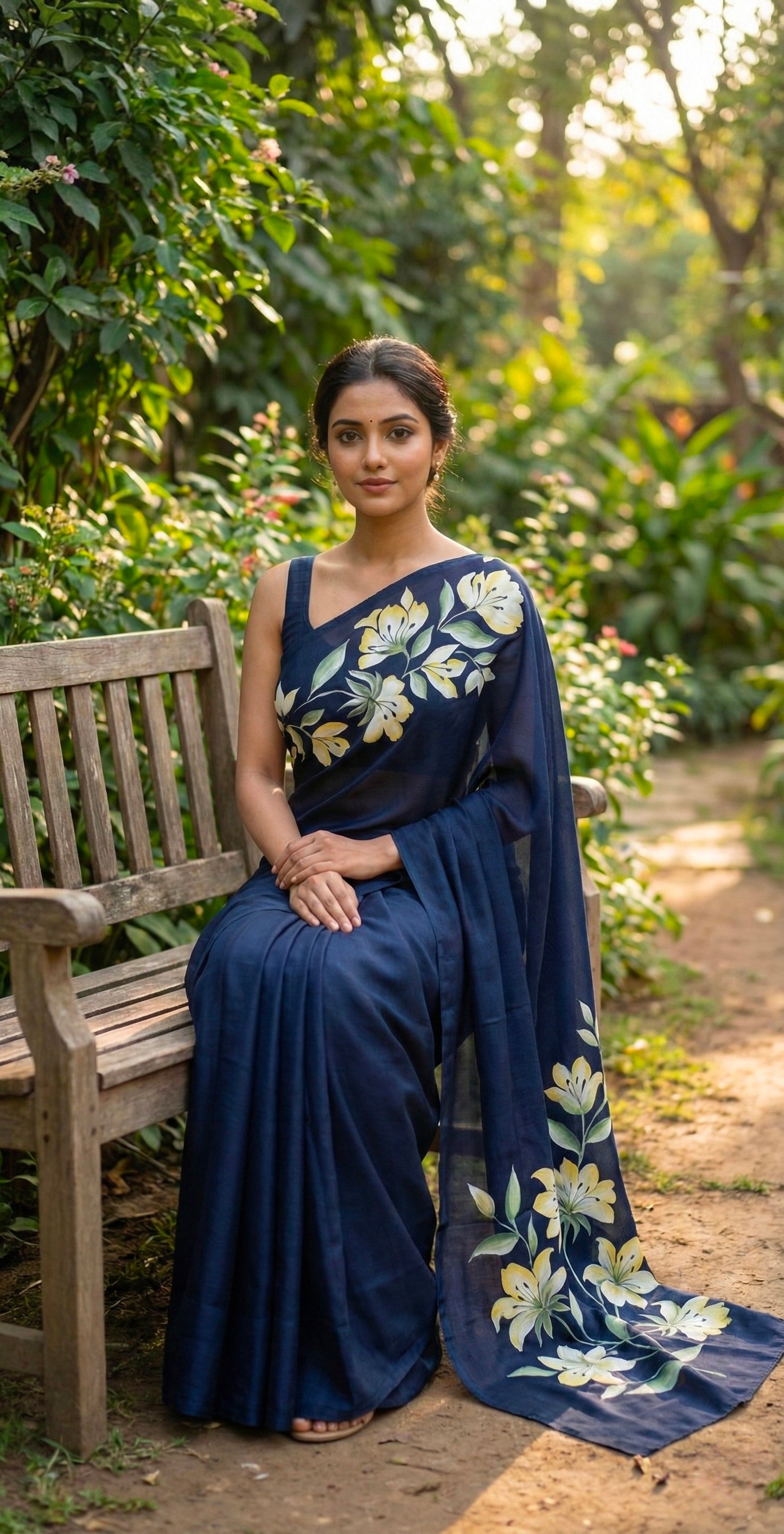 Navy Blue Handpainted Dual Tone Silk Saree