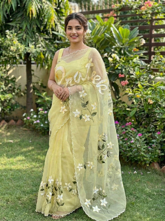 Custom Name Handpainted Saree with Handwork Detailings