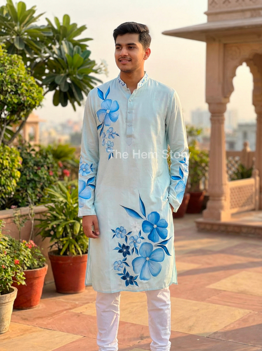 Men's Handpainted Kurta in Powder Blue