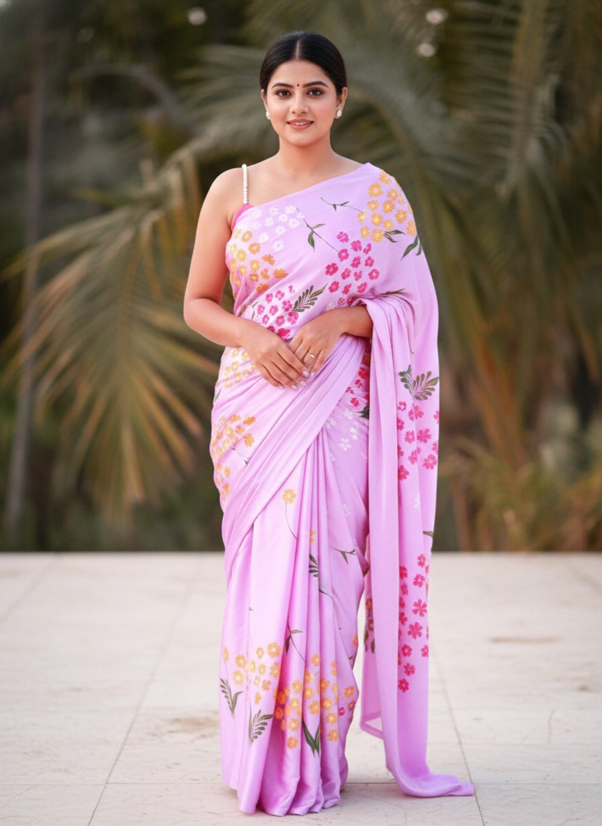 Lavender Handpainted Soft Silk Saree