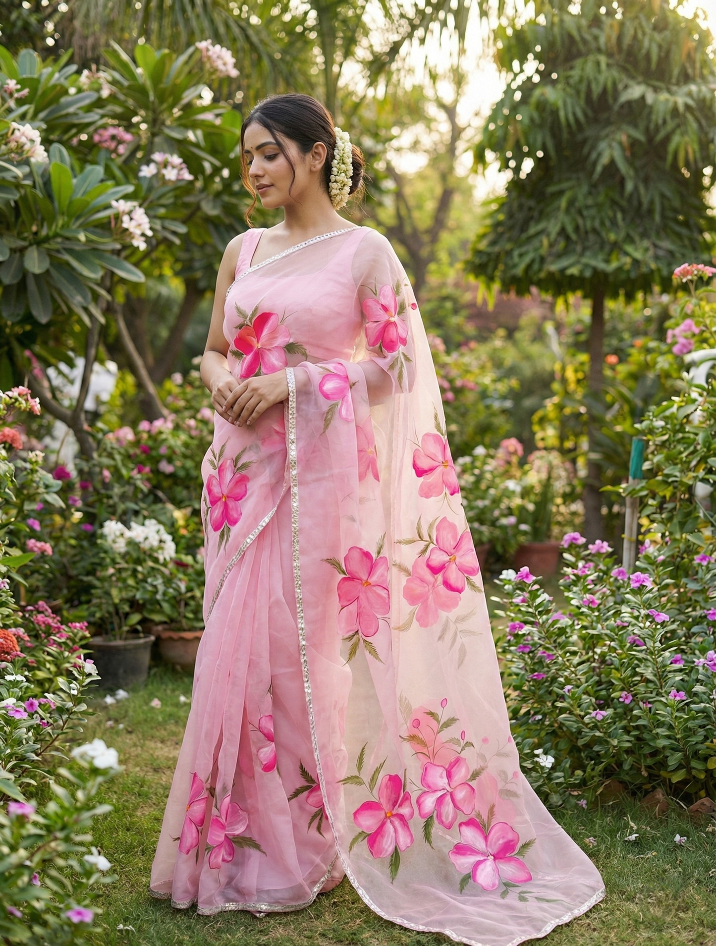 Blush Pink Handpainted Organza Saree