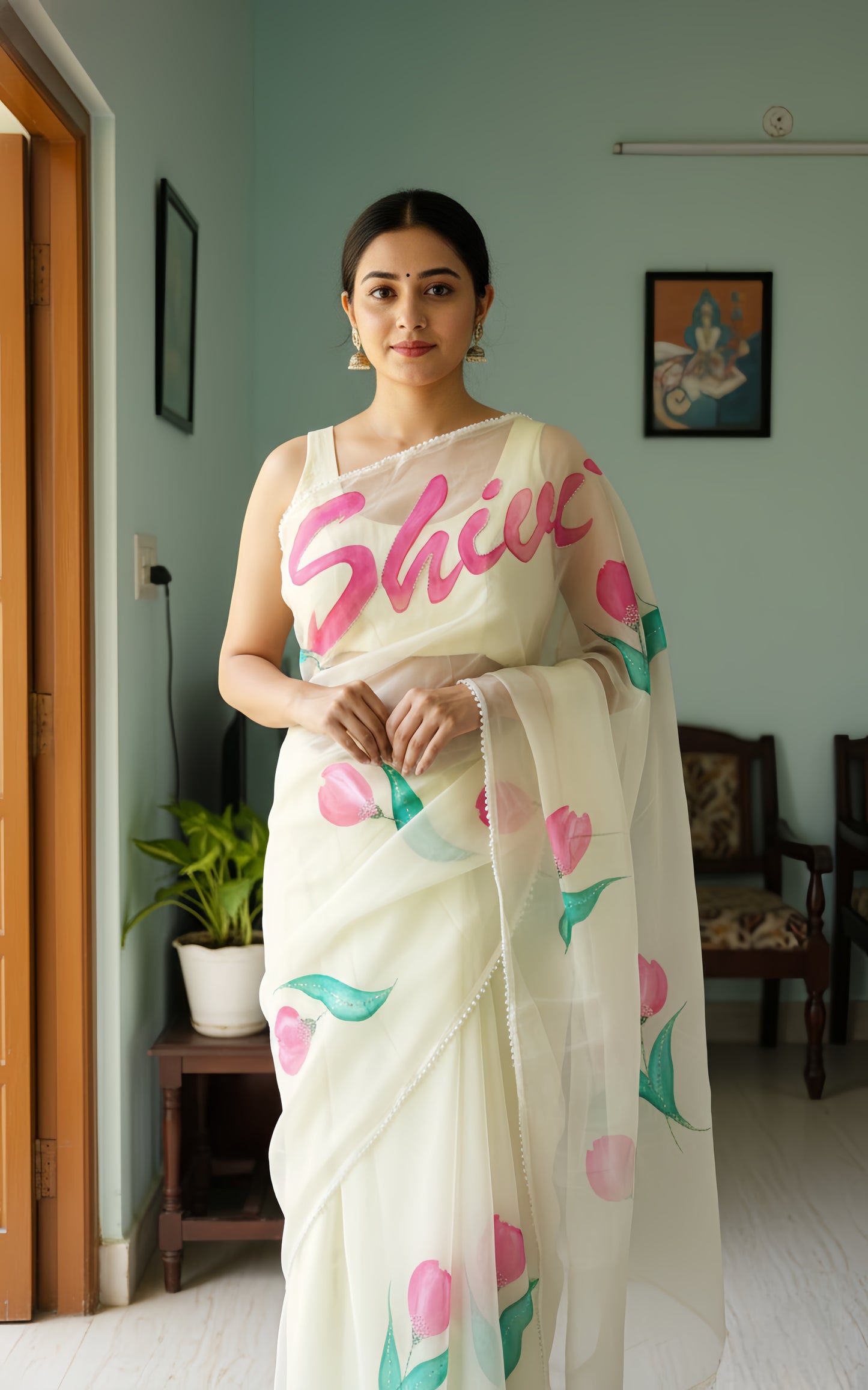Custom Name Butter Yellow Handpainted Saree with Pearl Handwork Detailings