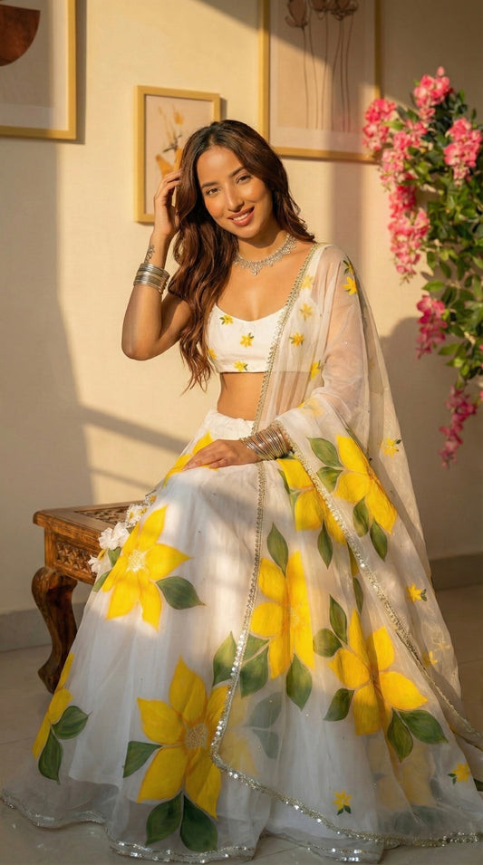 Handpainted Floral Lehenga Set with Sequins and gota work Detailings
