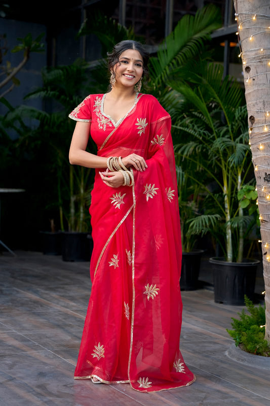 Noor- Red HandEmbroidered Organza Saree