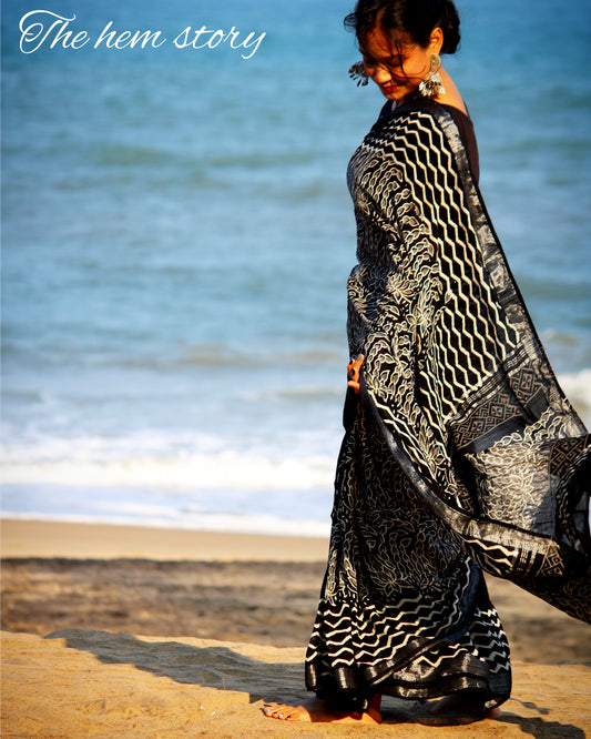 COTTON TALES- Pure Linen Black Handblock Printed Saree