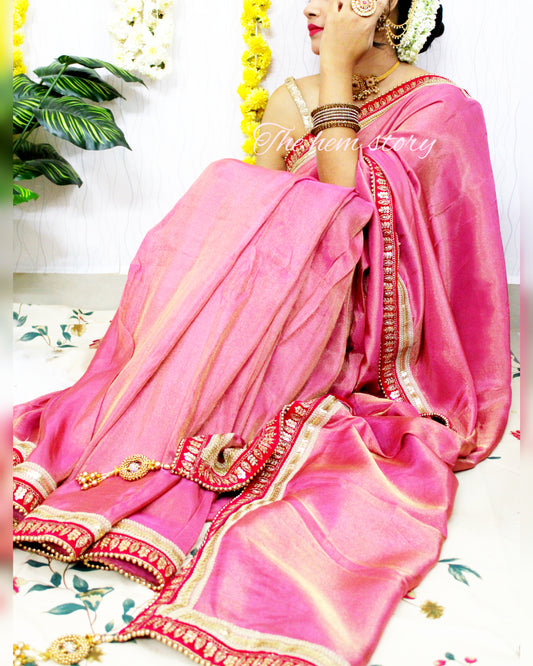 NOOR- Rose Pink Soft Tissue Saree with Intricate Zari Work Borders