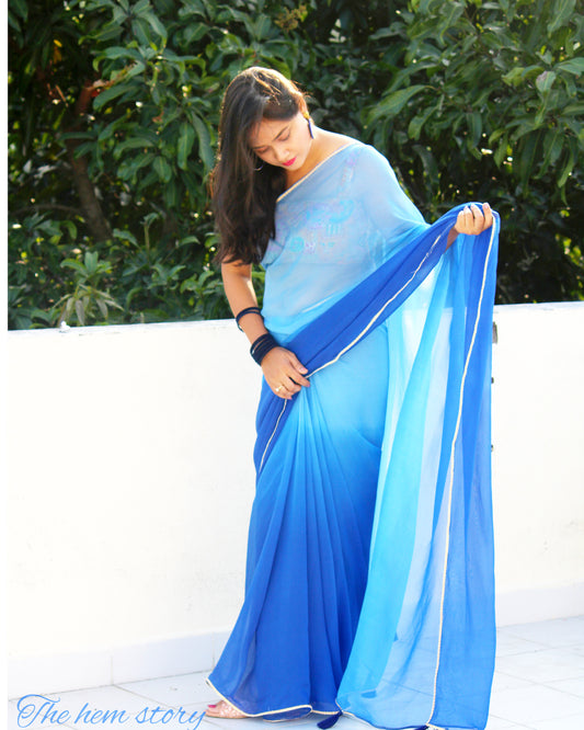 JASHN- Blue Ombre Saree With Yellow Embellished Blouse