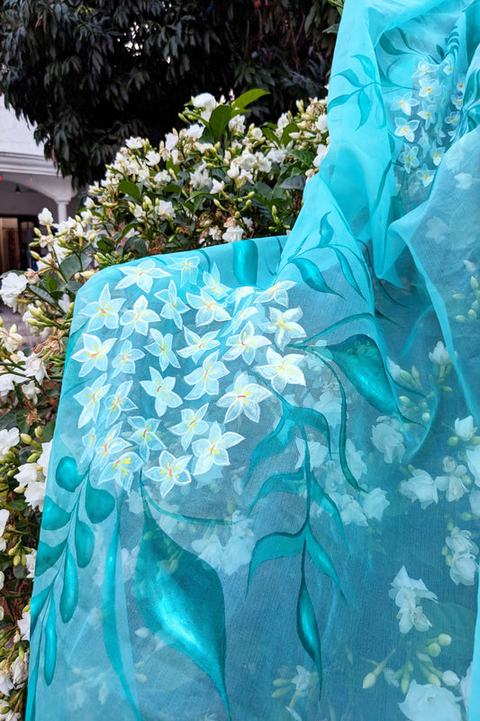DUPATTAS- Aqua Blue Handpainted Organza Dupatta