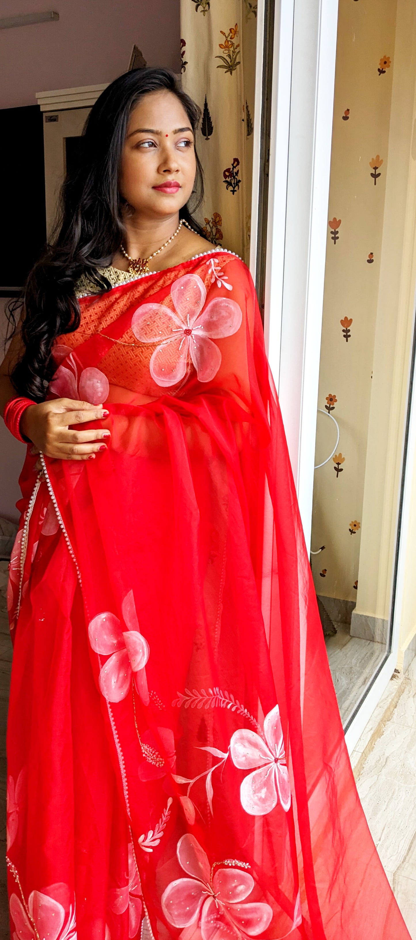 CHITRAKARI- Red Handpainted Organza Saree With Intricate Embroidery