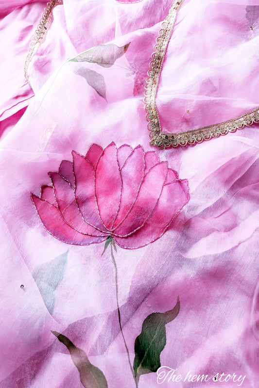 DUPATTAS - Pink Organza Handpainted Lotus Dupatta with Intricate Cut Dana Embroidery