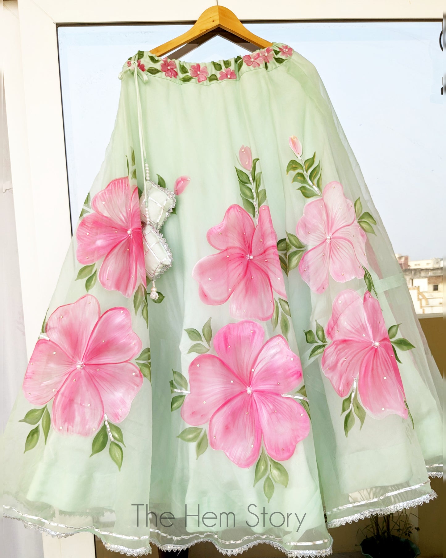Pista Green Handpainted Organza Lehenga with Sequins  Handwork