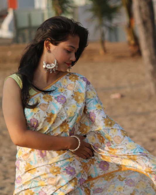 FIZA- Yellow Chinon Silk Floral Saree