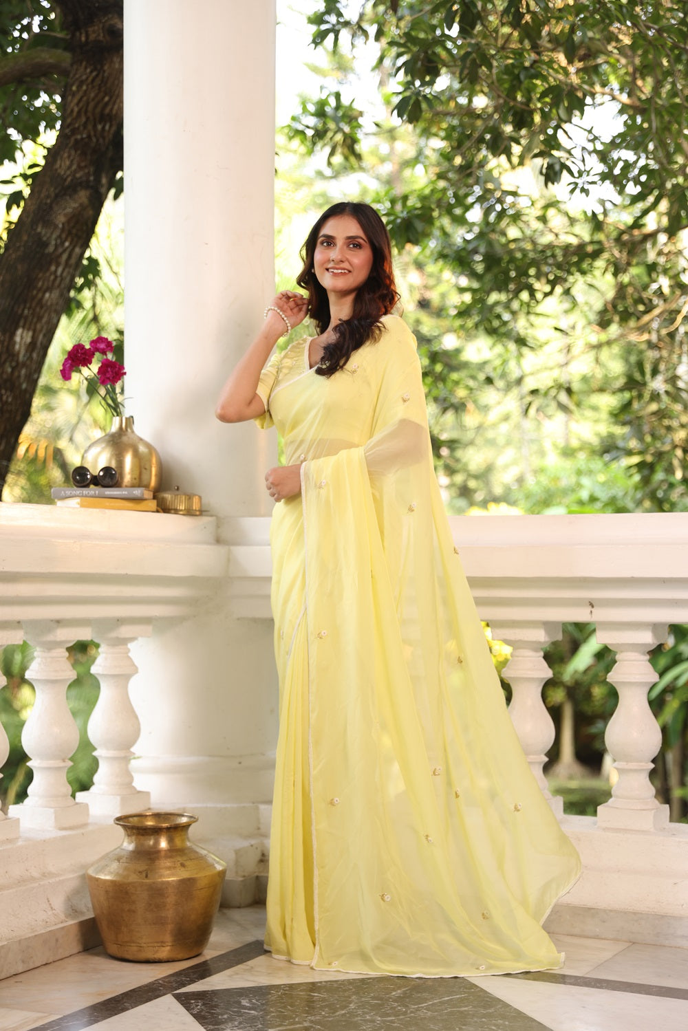 Noor- Lemon Yellow Embroidered Organza Saree