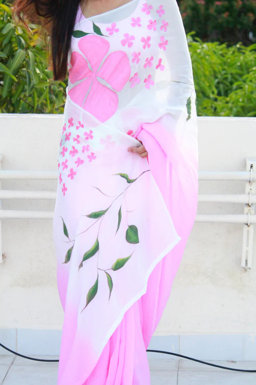 CHITRAKARI - White & Pink Ombre Handpainted Saree