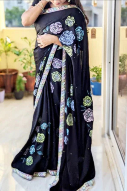 CHITRAKARI- Black Handpainted Pastel Roses Saree with Handwork & Embellished Borders
