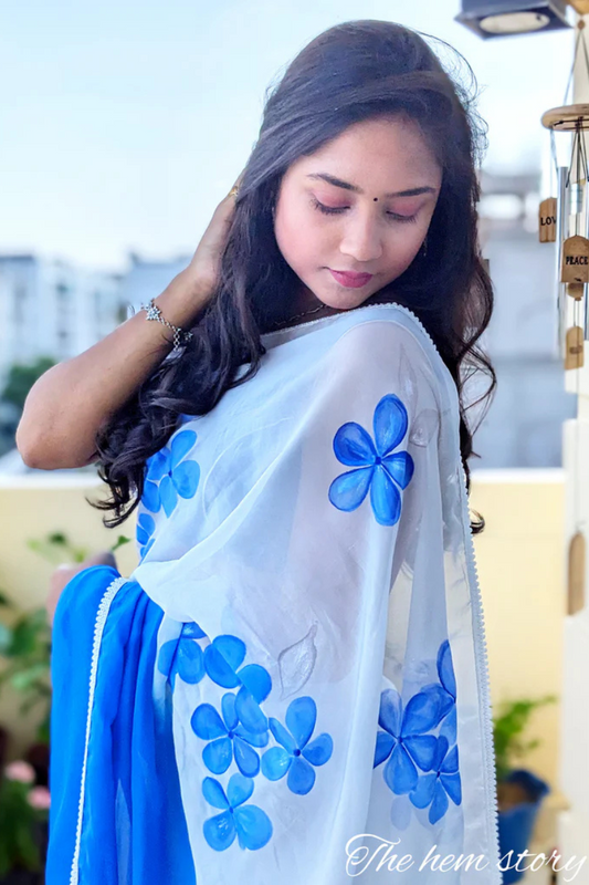 CHITRAKARI- Blue Ombre Handpainted Organza Saree
