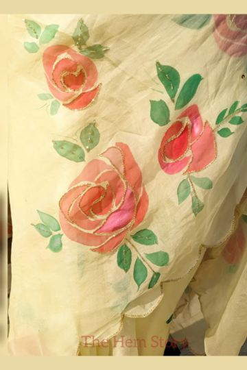 CHITRAKARI- Lemon Yellow Handpainted Rose Saree With Handwork
