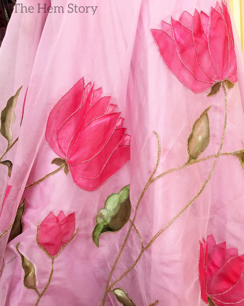 Powder Pink Lotus Handpainted Lehenga with Handwork