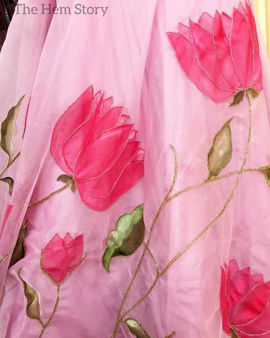 Powder Pink Lotus Handpainted Lehenga with Handwork