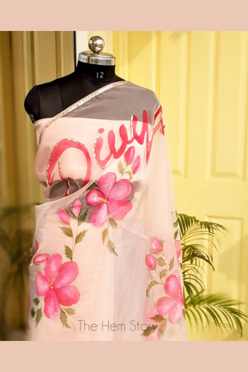 CHITRAKARI- Custom Name Organza Handpainted Saree With Gota work