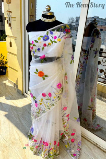 White Floral Handpainted Organza Saree with Pearl Lace Borders