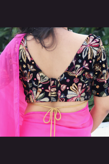 JASHN- Pink Organza Saree With Black Velvet Embroidered Blouse