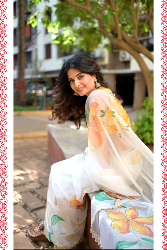CHITRAKARI- White Handpainted Organza Saree Enhanced With Cut Dana Handwork