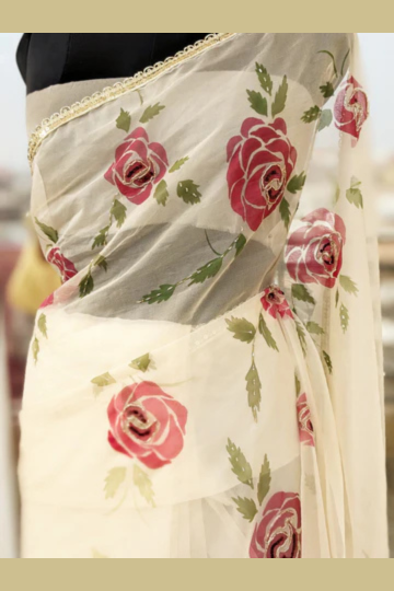 CHITRAKARI- Beige Handpainted Rose Organza Saree With Handwork Detailing