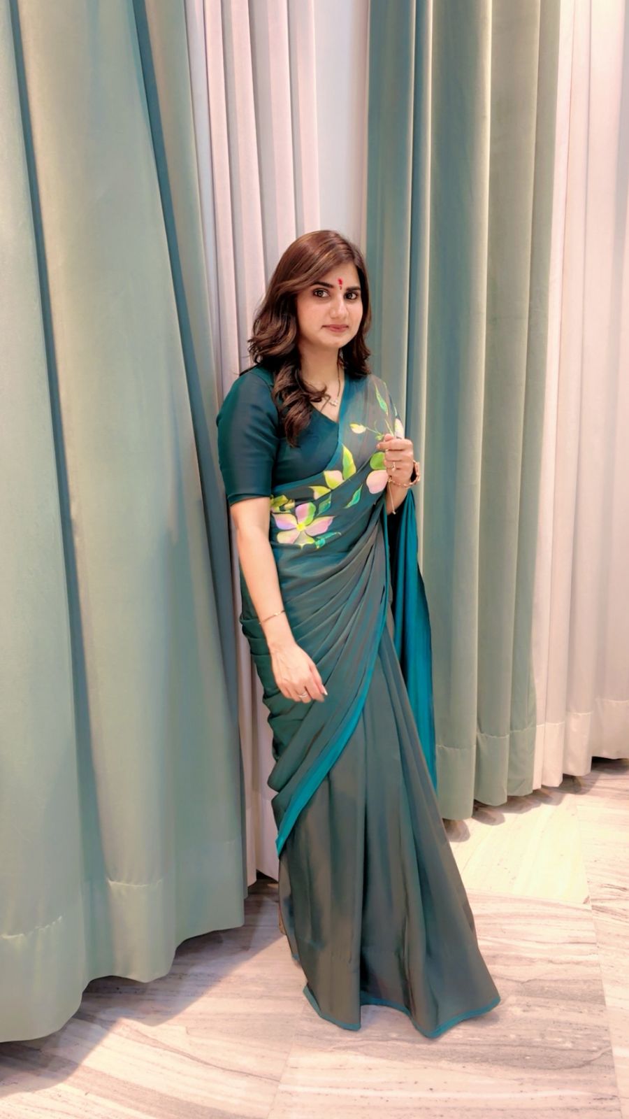 Teal Handpainted Dual Tone Silk Saree