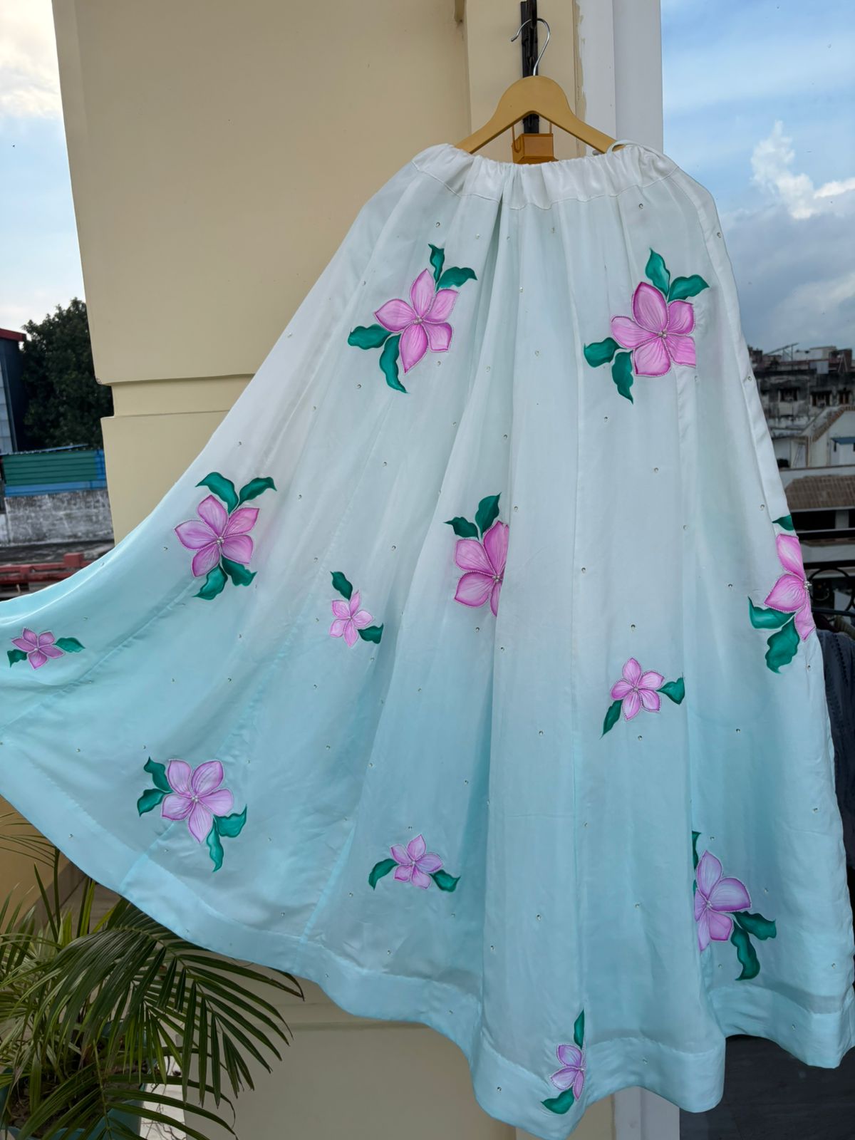 Ombre Handpainted Crepe Lehenga with Pearl Handembroidery