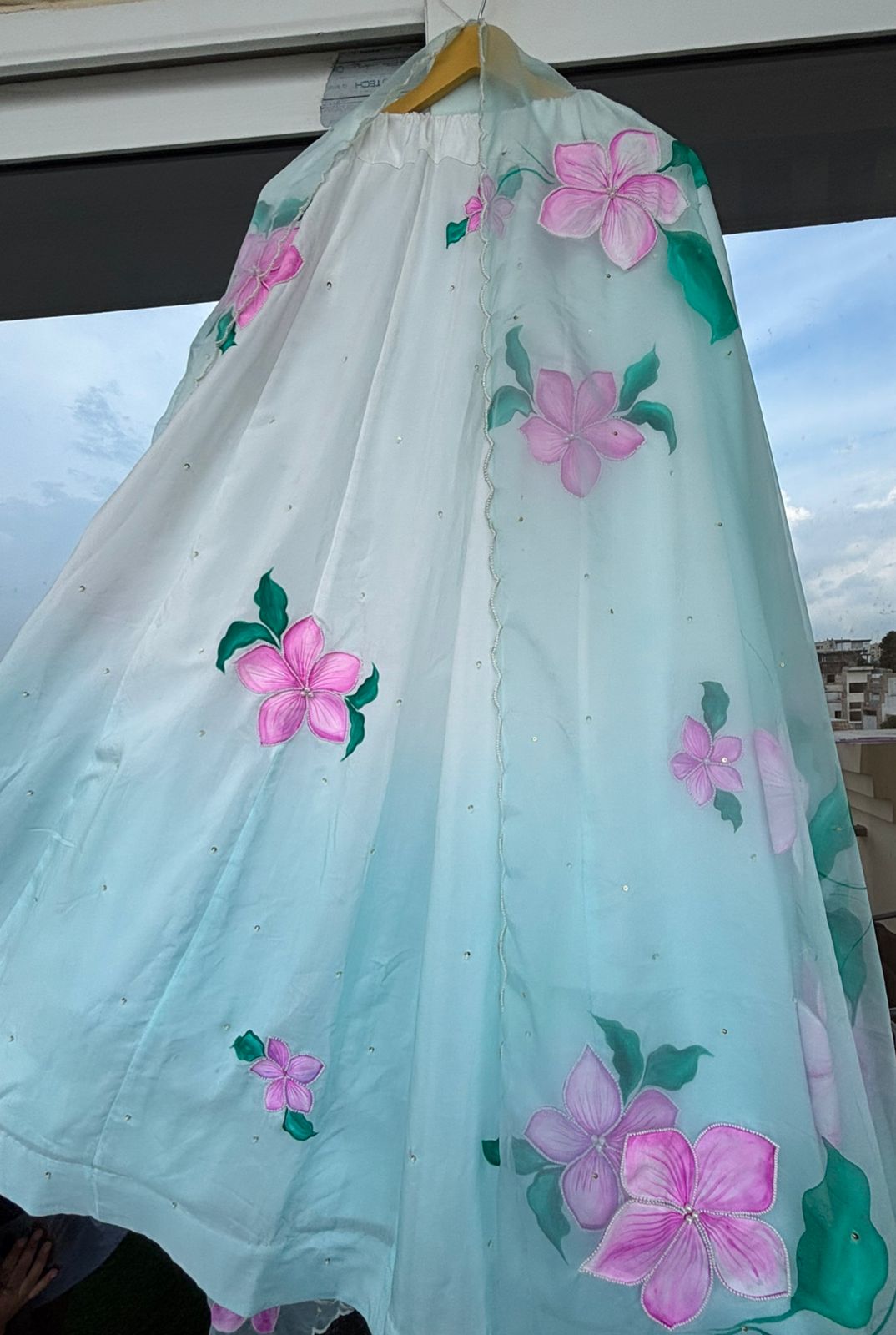 Ombre Handpainted Crepe Lehenga with Pearl Handembroidery