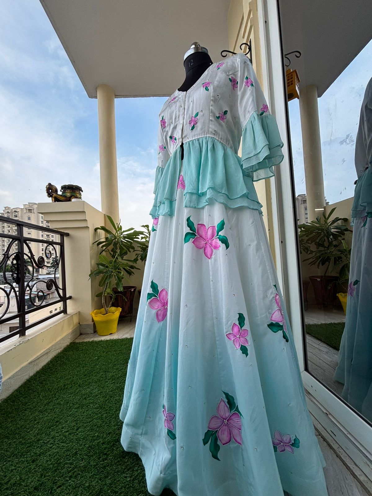 Ombre Handpainted Crepe Lehenga with Pearl Handembroidery