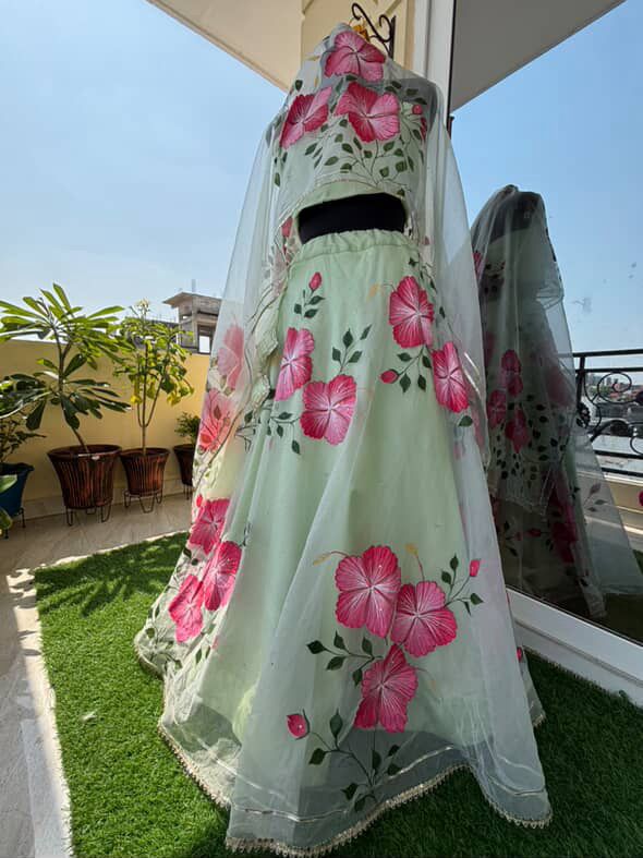 Handpainted Hibiscus Lehenga Set with Sequins Detailings