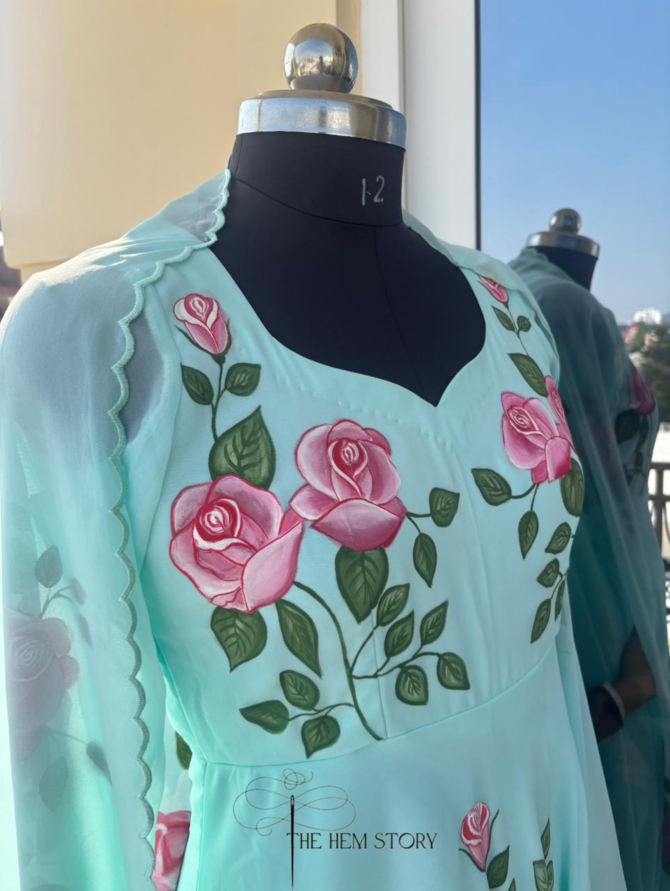 Aqua Blue Handpainted Anarkali Suit Set
