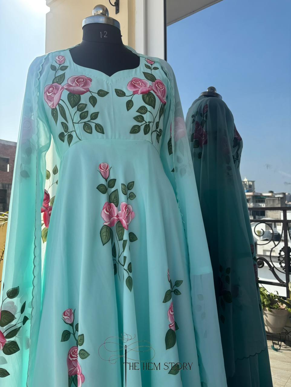 Aqua Blue Handpainted Anarkali Suit Set