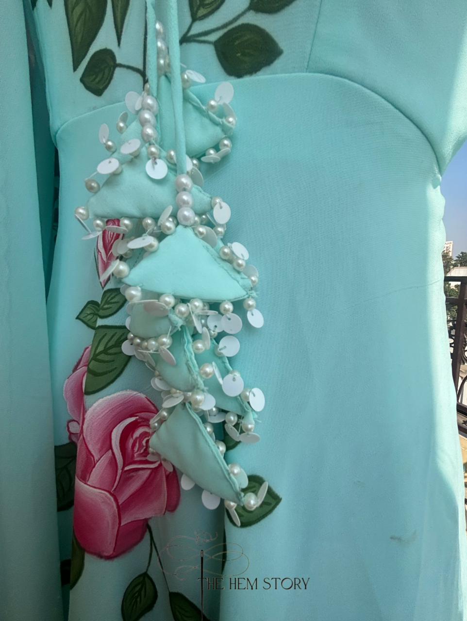 Aqua Blue Handpainted Anarkali Suit Set