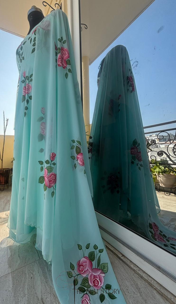 Aqua Blue Handpainted Anarkali Suit Set
