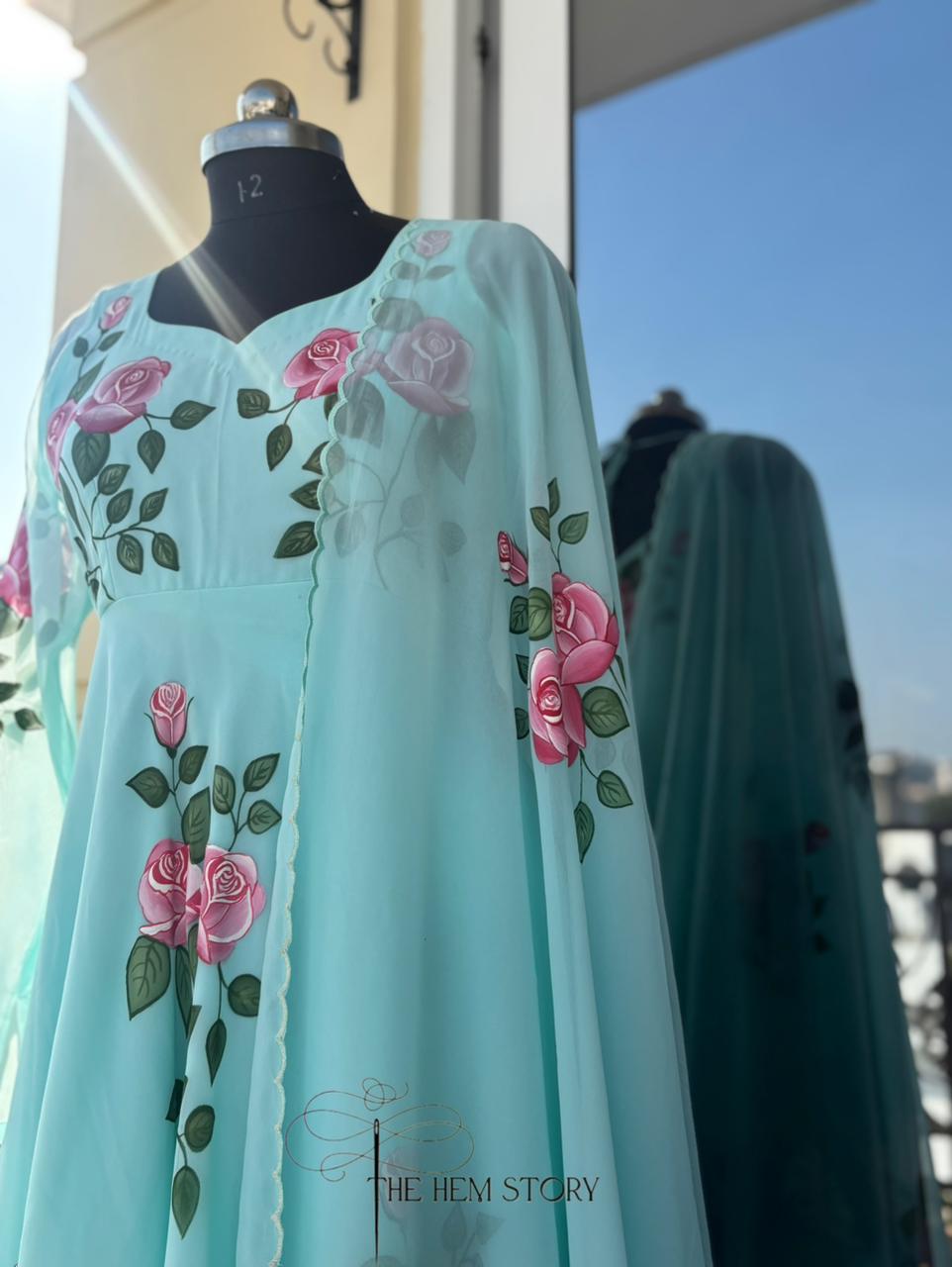 Aqua Blue Handpainted Anarkali Suit Set