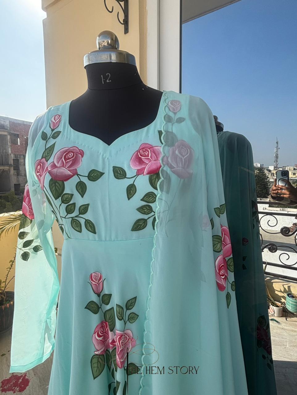 Aqua Blue Handpainted Anarkali Suit Set