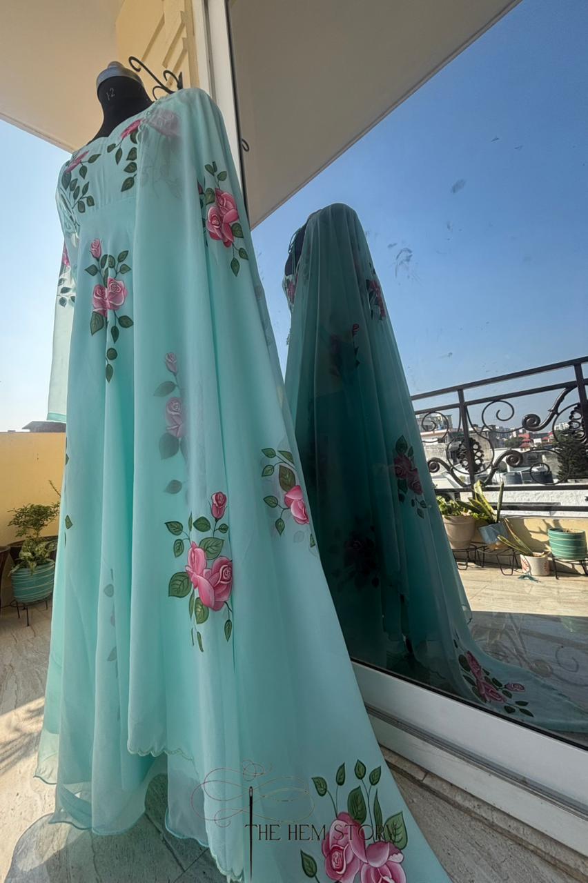 Aqua Blue Handpainted Anarkali Suit Set