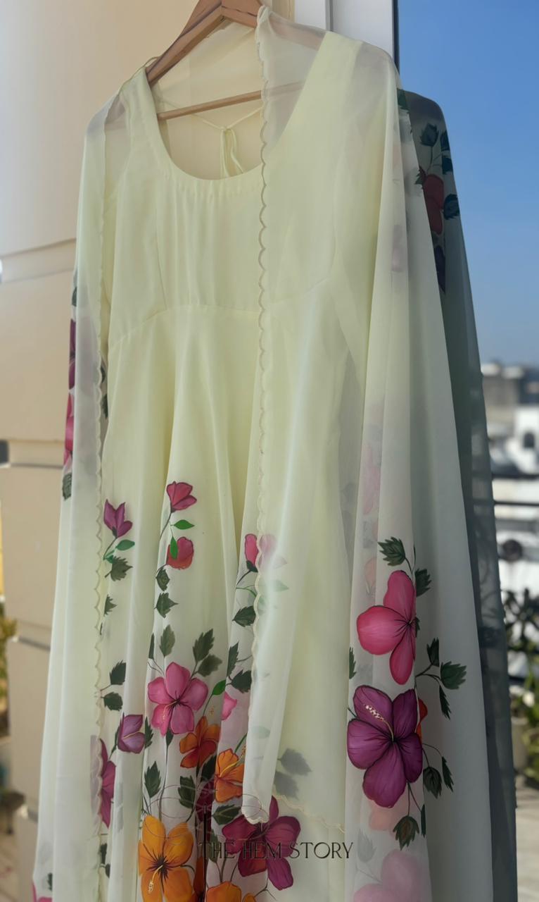 Yellow Handpainted Anarkali Suit Set