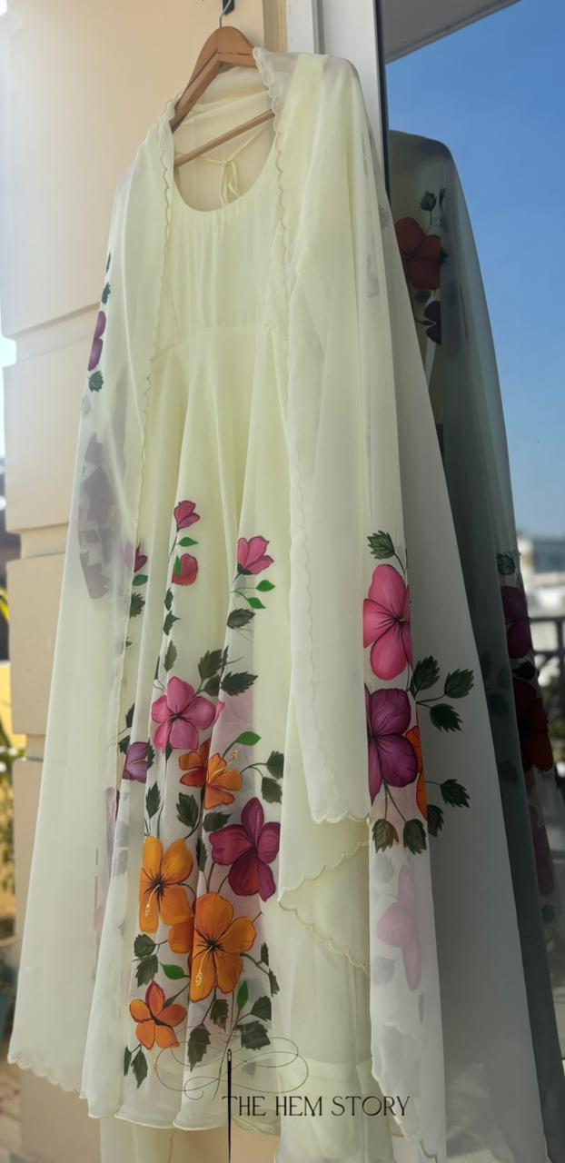 Yellow Handpainted Anarkali Suit Set