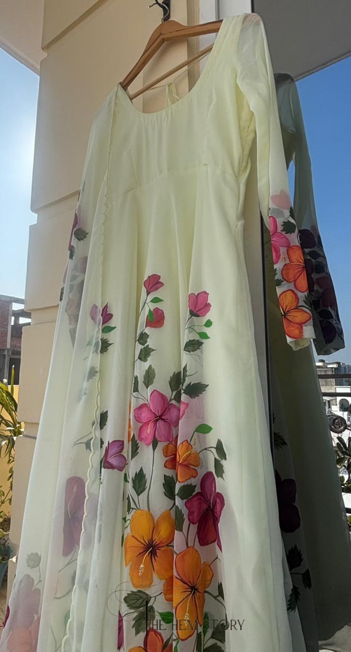 Yellow Handpainted Anarkali Suit Set