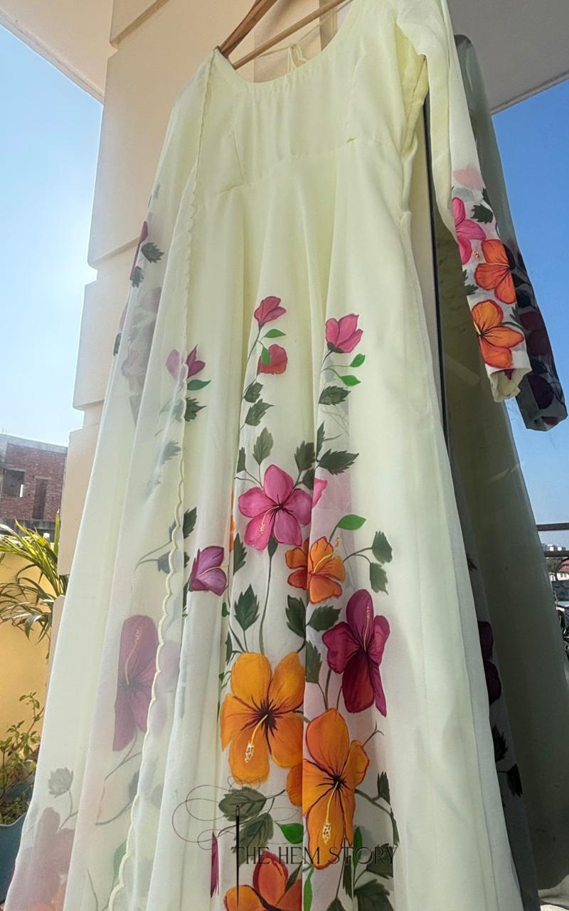 Yellow Handpainted Anarkali Suit Set