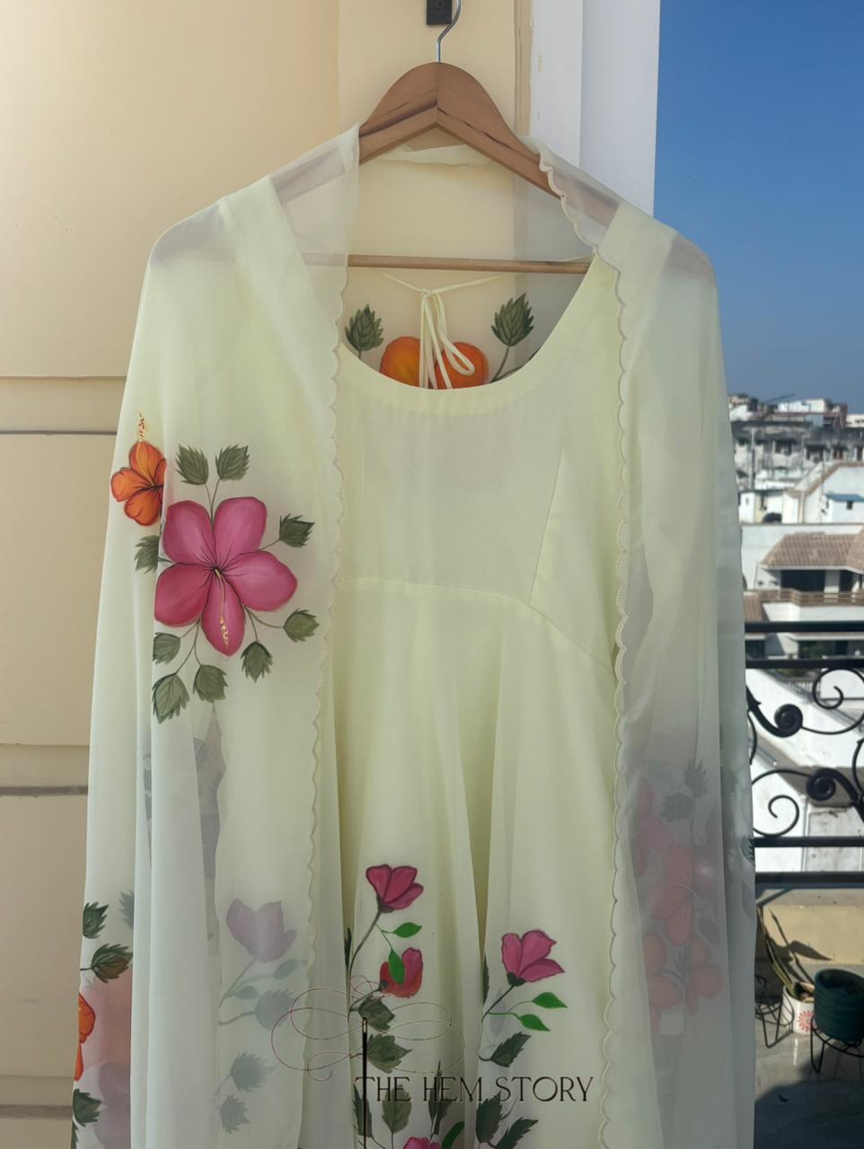 Yellow Handpainted Anarkali Suit Set