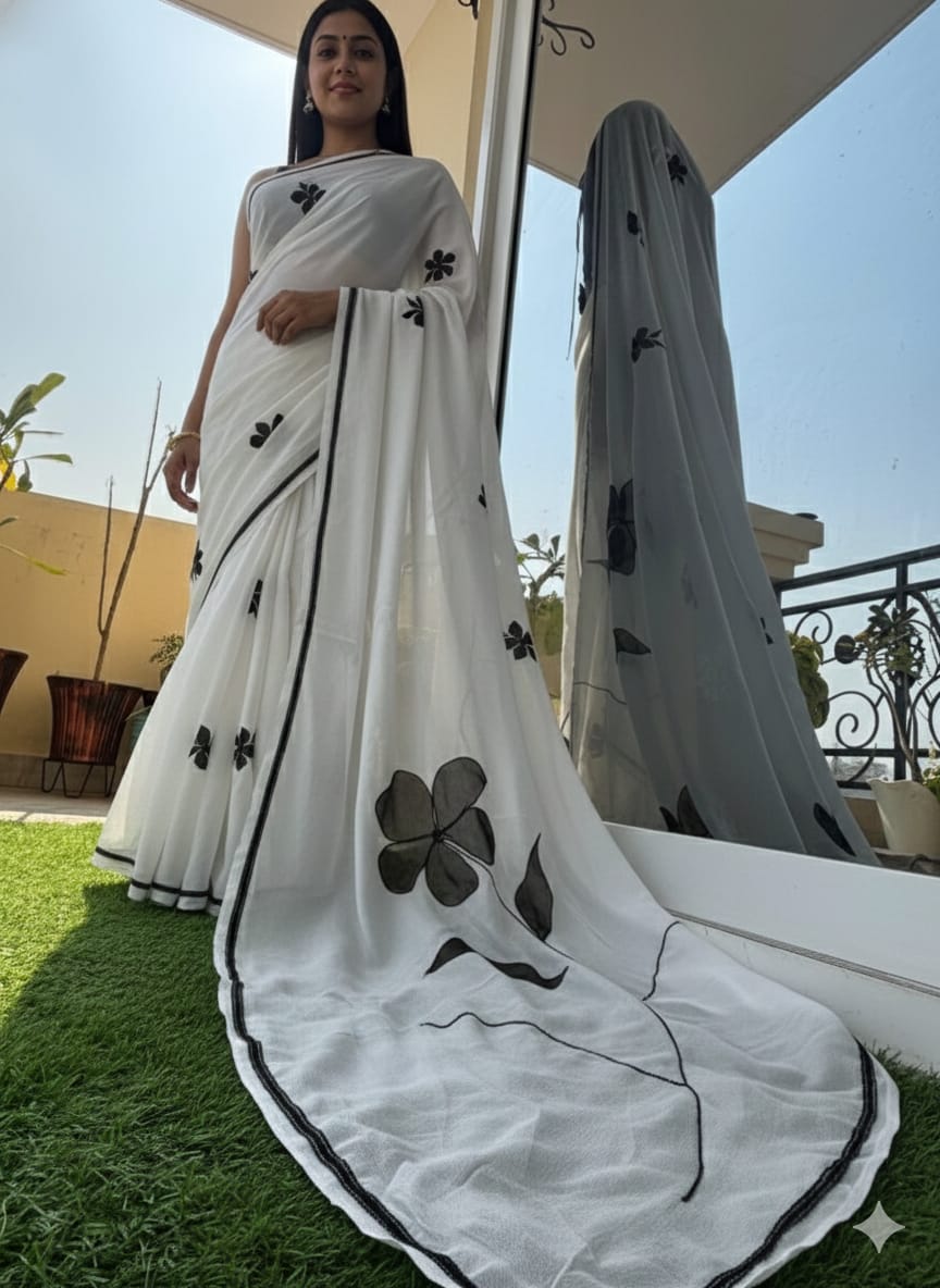 White Handpainted Organza Saree