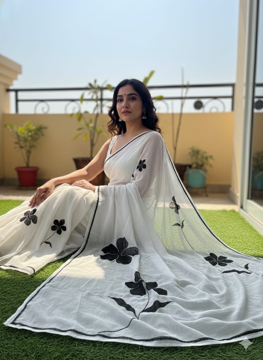 White Handpainted Organza Saree