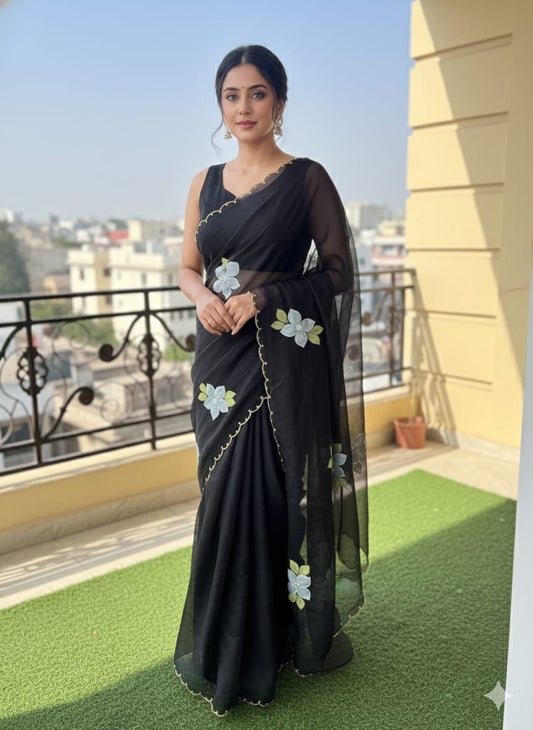 Black Handpainted Organza saree