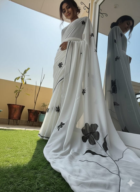 White Handpainted Organza Saree