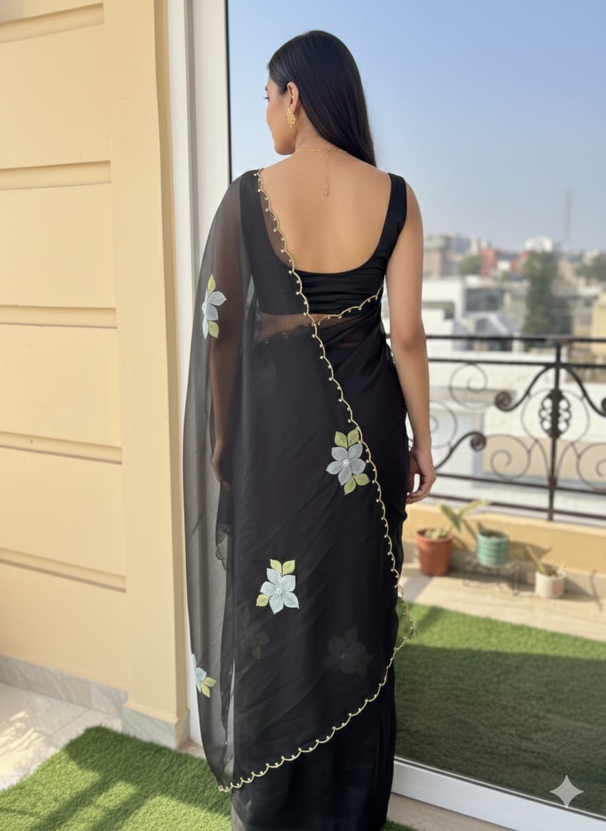 Black Handpainted Organza saree